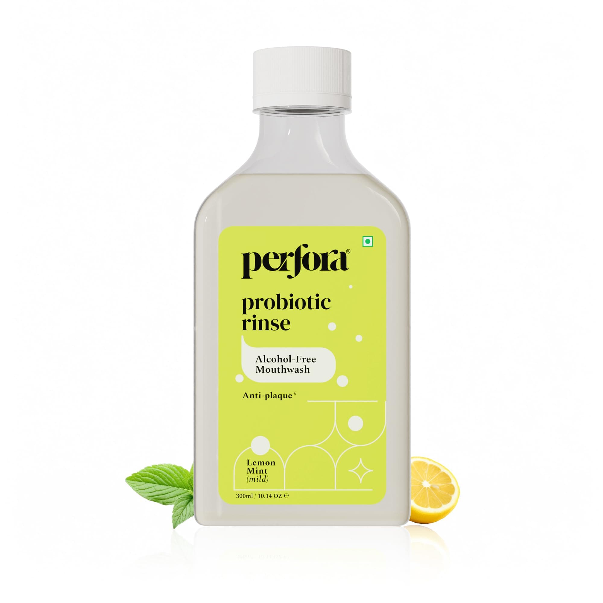 Perfora Lemon Mint Mouthwash - 300ml | Alcohol-Free Mouth Wash Liquid With Probiotics, Hyaluronic Acid, & Vitamin C | Freshens Breath & Removes Germs | No Artificial Flavor | Mouthwash For Oral Care