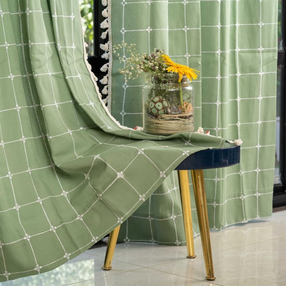 Urban Space Embroidery Curtains for Door, 100% Cotton Curtains 7 Ft Pack with Tassels, Tieback & Eyelets, 60-65% Room Darkening (Sage Green Checks, 7 Feet)