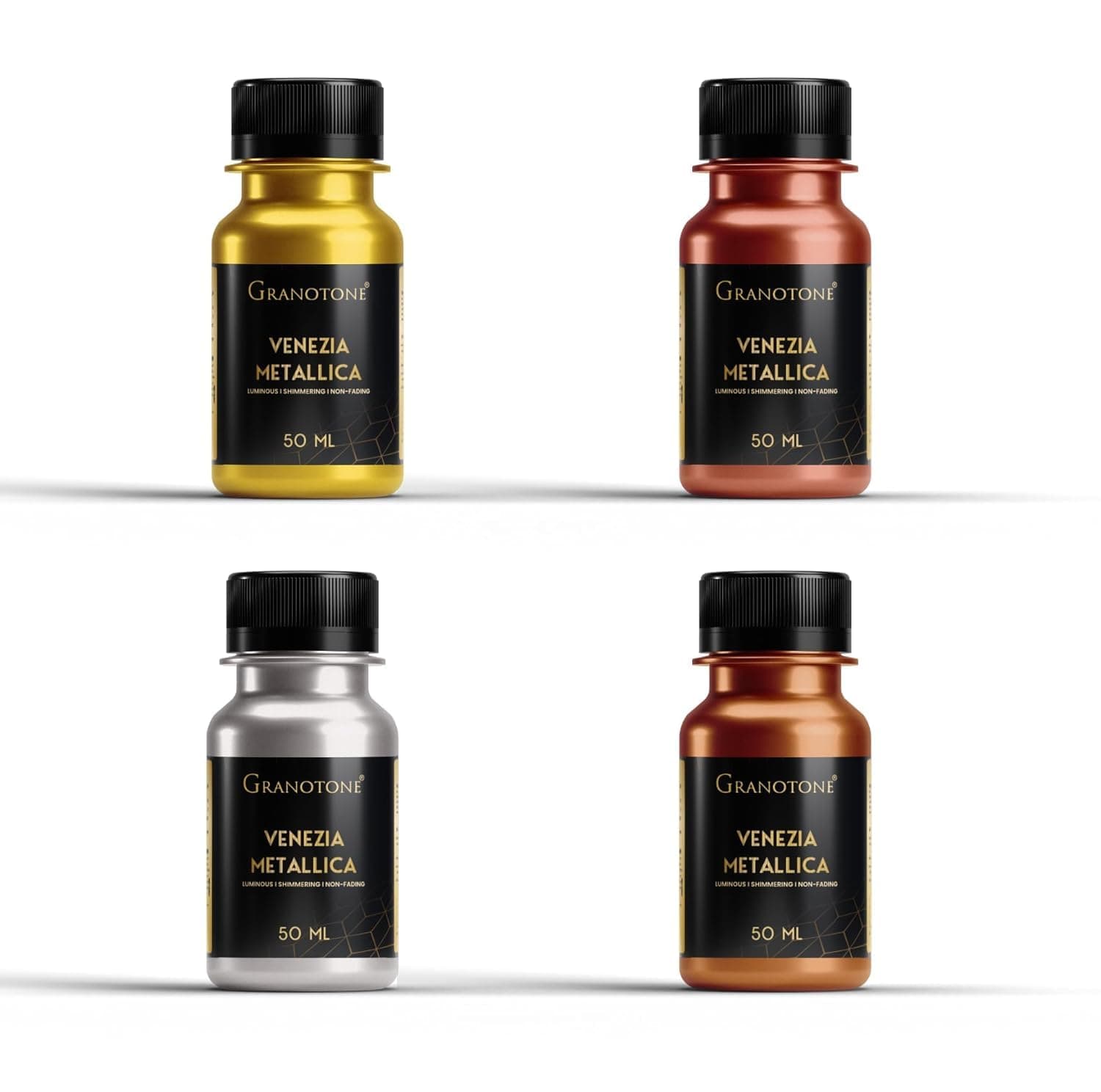 GRANOTONE Venezia Metallic Acrylic Colour Set of 4 Gold Silver Copper and Bronze 50 ml Each Multipack Paints Non Toxic Shimmering Rich Pigments for Kids Artists Beginners Made in India