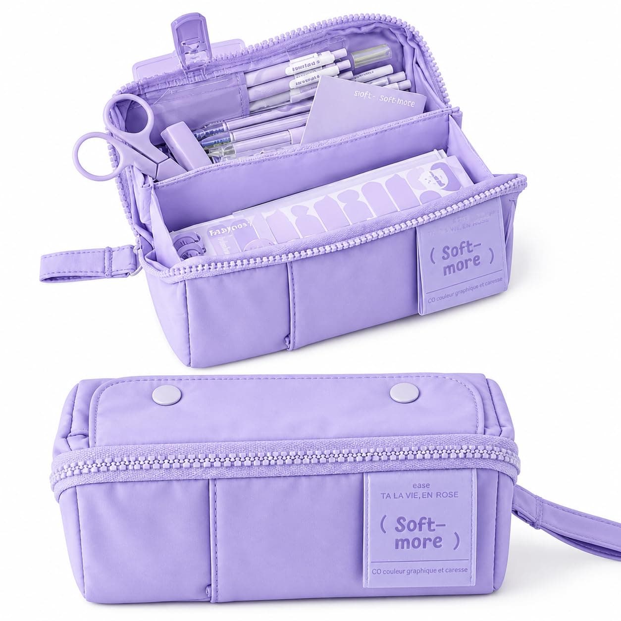 WORSHIPER Multi-Functional Soft Pencil Case for Girls | Large Capacity Zipper Pouch with Multiple Compartments | Aesthetic Stationery Organizer for School, College & Office (Purple Pouch)