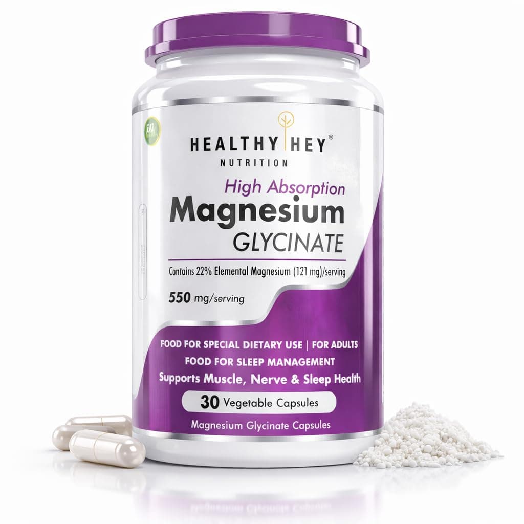 HealthyHey Nutrition Magnesium Glycinate High Absorption for Sleep, Cramps, & Nerves Health -30 Vegetable Capsules