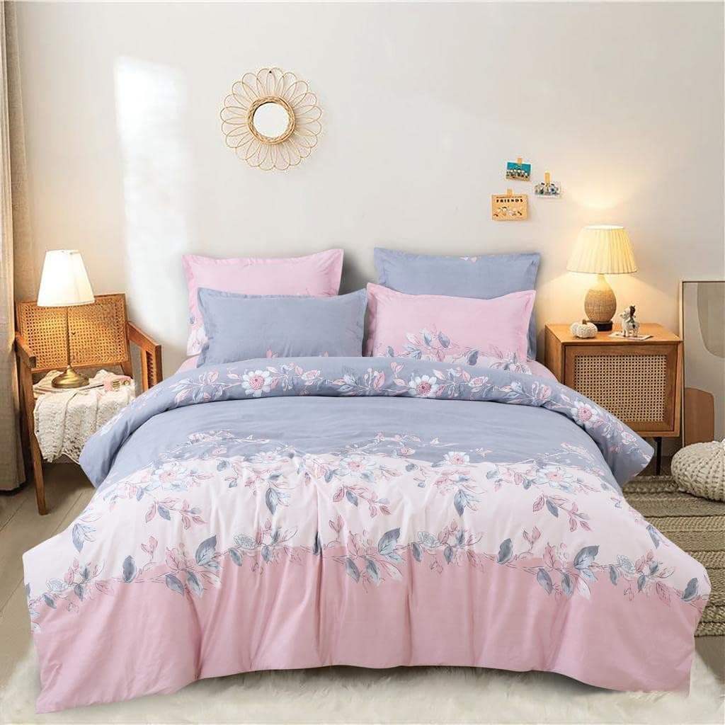 THE HOME STYLE Super Soft Glace Cotton King Size AC Comforter ll Blanket ll Duvet with 1 King Size Elastic Fitted Bedsheet 72"x78" Inch and 2 Pillow Cover (Pack of 4, Pink Lavender)
