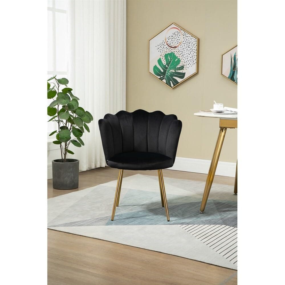 BAWARI Velvet Designer Chair for Home, Office, Restaurent | Flower Shaped Accent Chair for Living Room| Premium Cushion Seat with Metal Gold Legs | (1, Black)