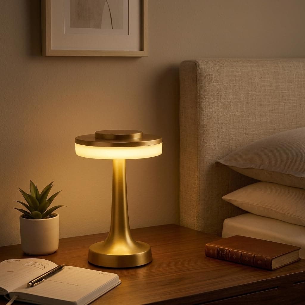 NYRWANA Table Lamp | 2000mAh Battery | Home Decor, Lamp, Lamps for Bedroom and Living Room, Stepless Dimming, 3 Colour Touch Control, USB-C Charging, Rakhi Gift for Brother & Sister (Metal - Gold)