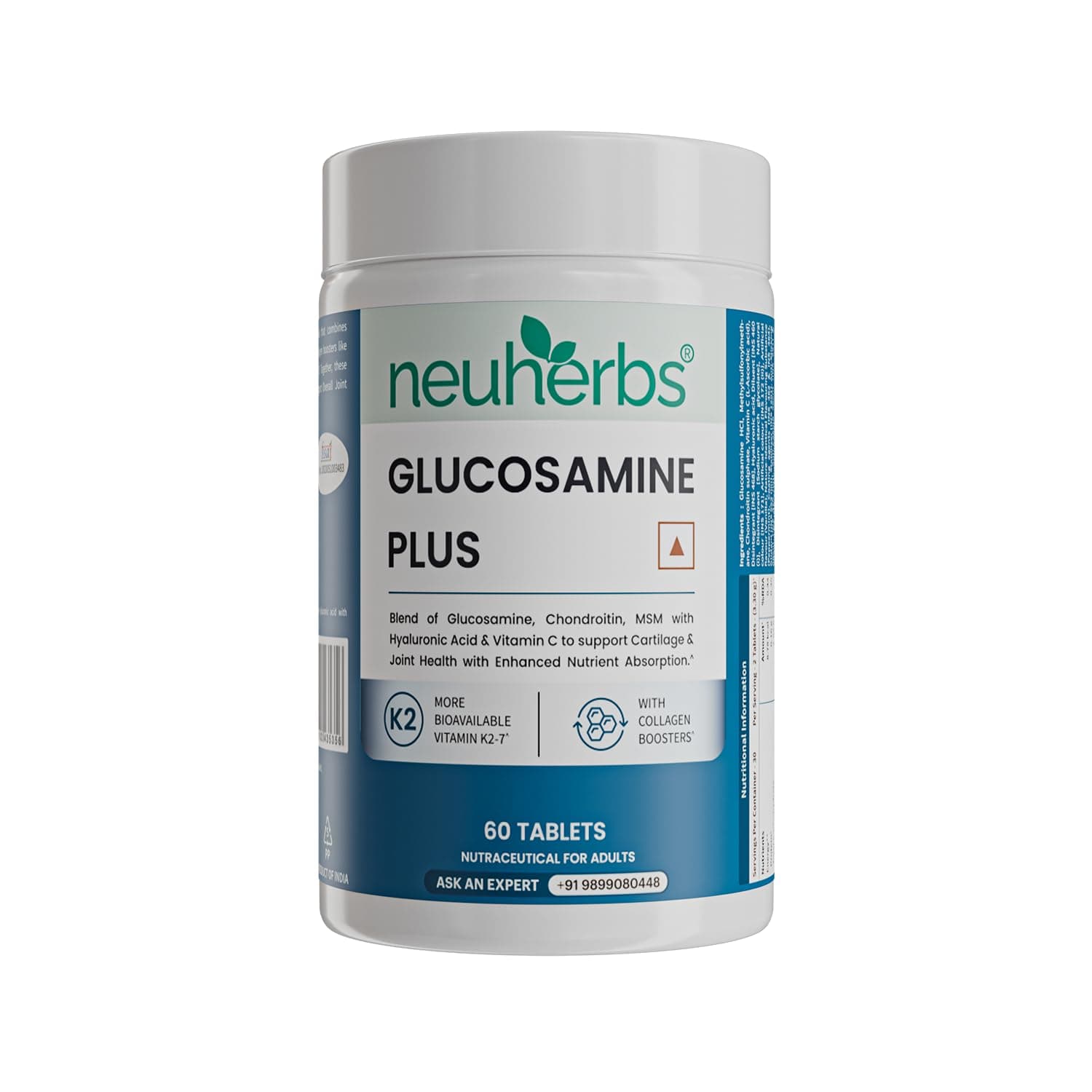 Neuherbs Glucosamine Plus 1500mg - 60 Tablets| Glucosamine Chondroitin MSM with Hyaluronic Acid, Vitamin C & K2-7 | Helps Joint Pain Relief, Cartilage Repair, Knee Support & Mobility