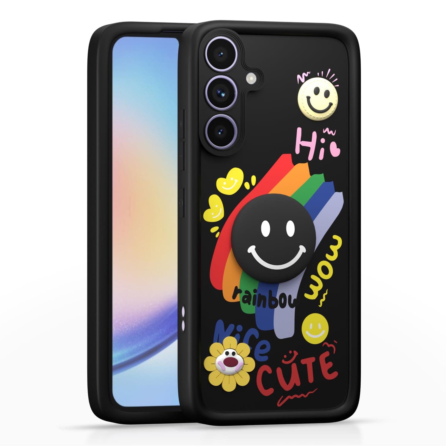 Amazon Basics Back Cover for Samsung Galaxy A34 5G | Cute 3D Cartoon Rainbow Smile Flower | Raised Camera Protection | Shockproof Soft Silicone Bumper Case (Black)