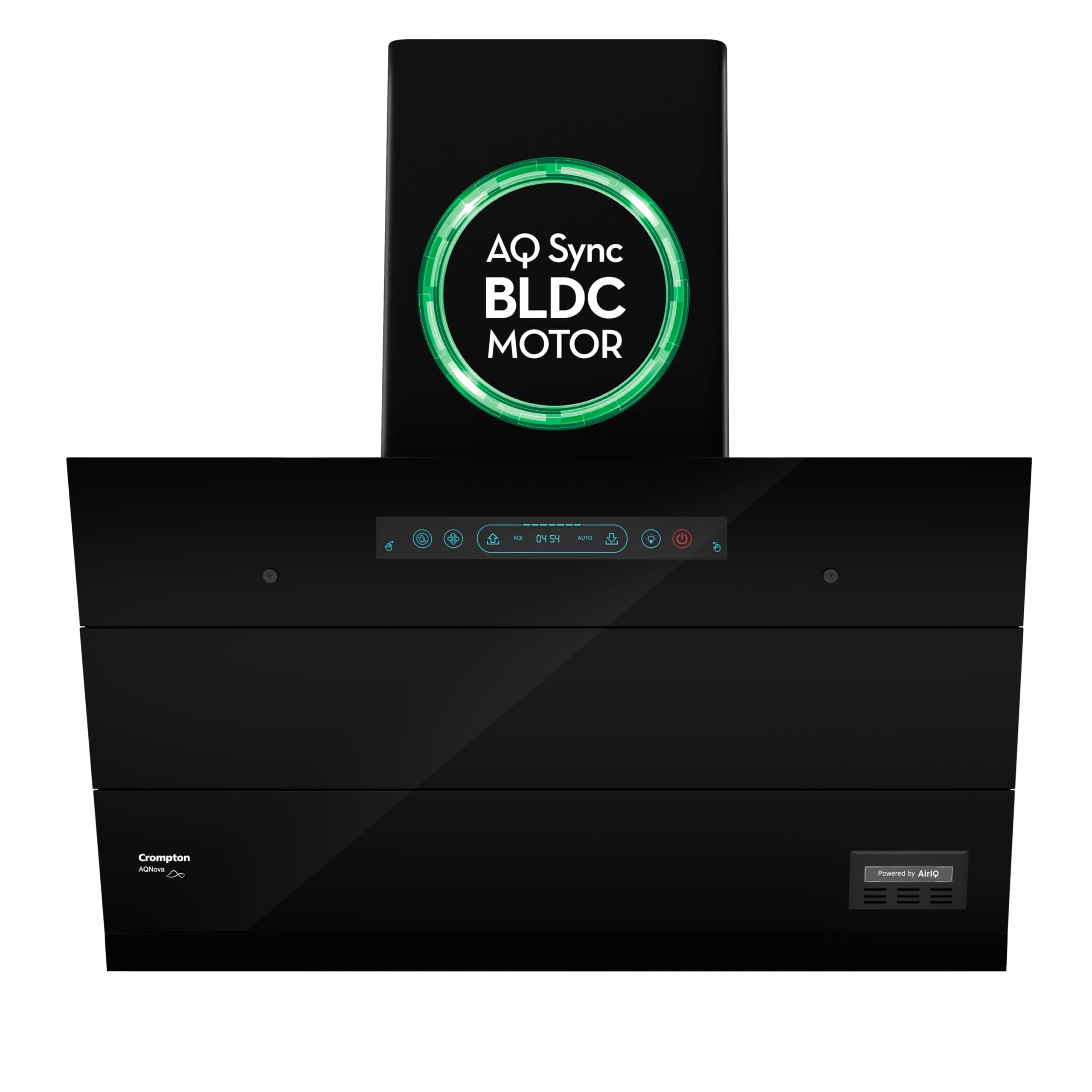Crompton AQNova BLDC 1800m3/hr 75 cm Slant Chimney|AirIQ technology|Adaptive suction| Intelligent Autoclean|Motion Sensor|15Yrs Motor & 4Yrs Overall Warranty|(Black)|Free Installation & Ducting kit