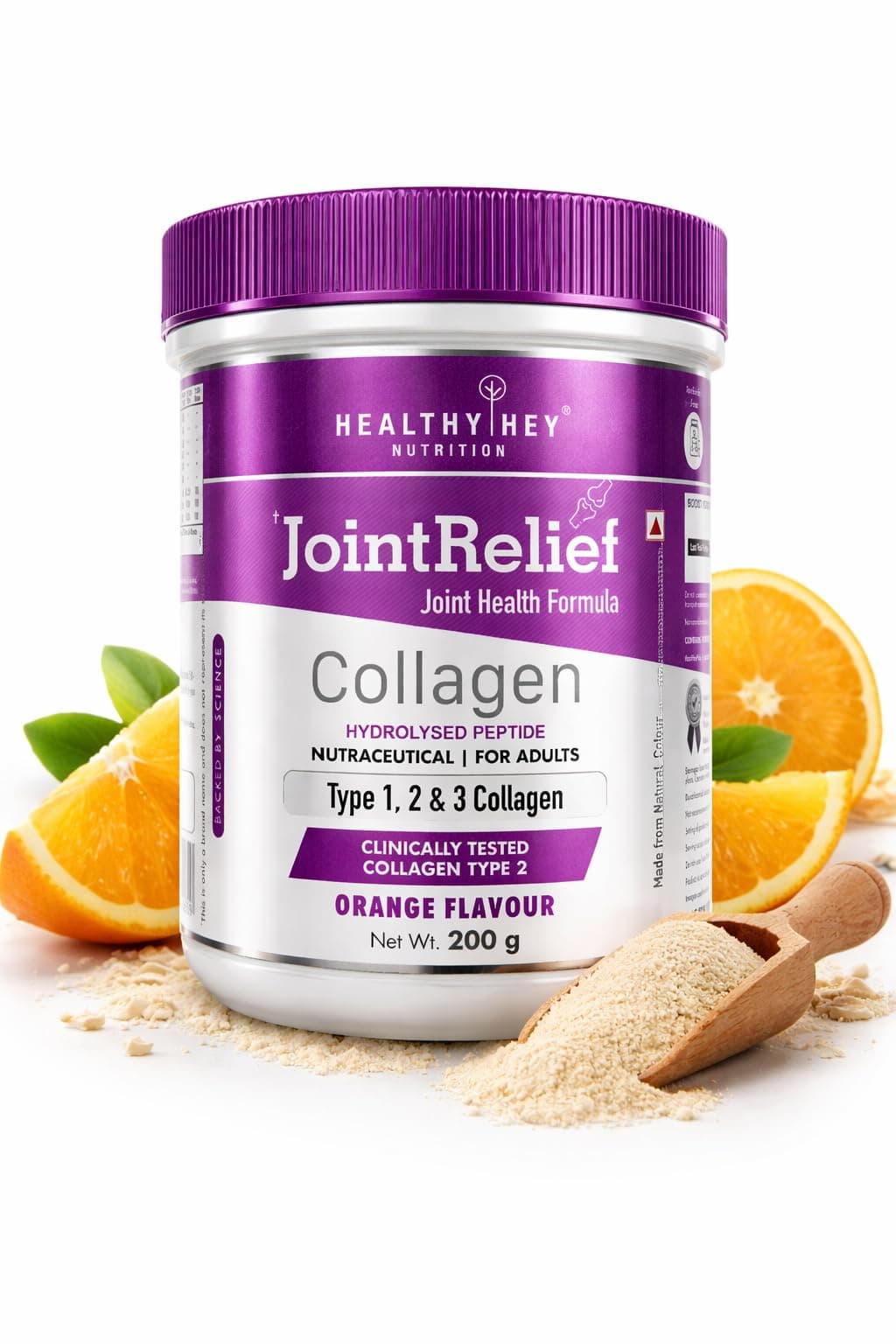 HealthyHey Nutrition Jointrelief Collagen Peptide Powder Type 1,2 & 3 (Hydrolysed) With Glucosamine,Chondroitin,Msm- Support Joint And Cartilage Health - 200 G (Orange),1 Count,22 Servings
