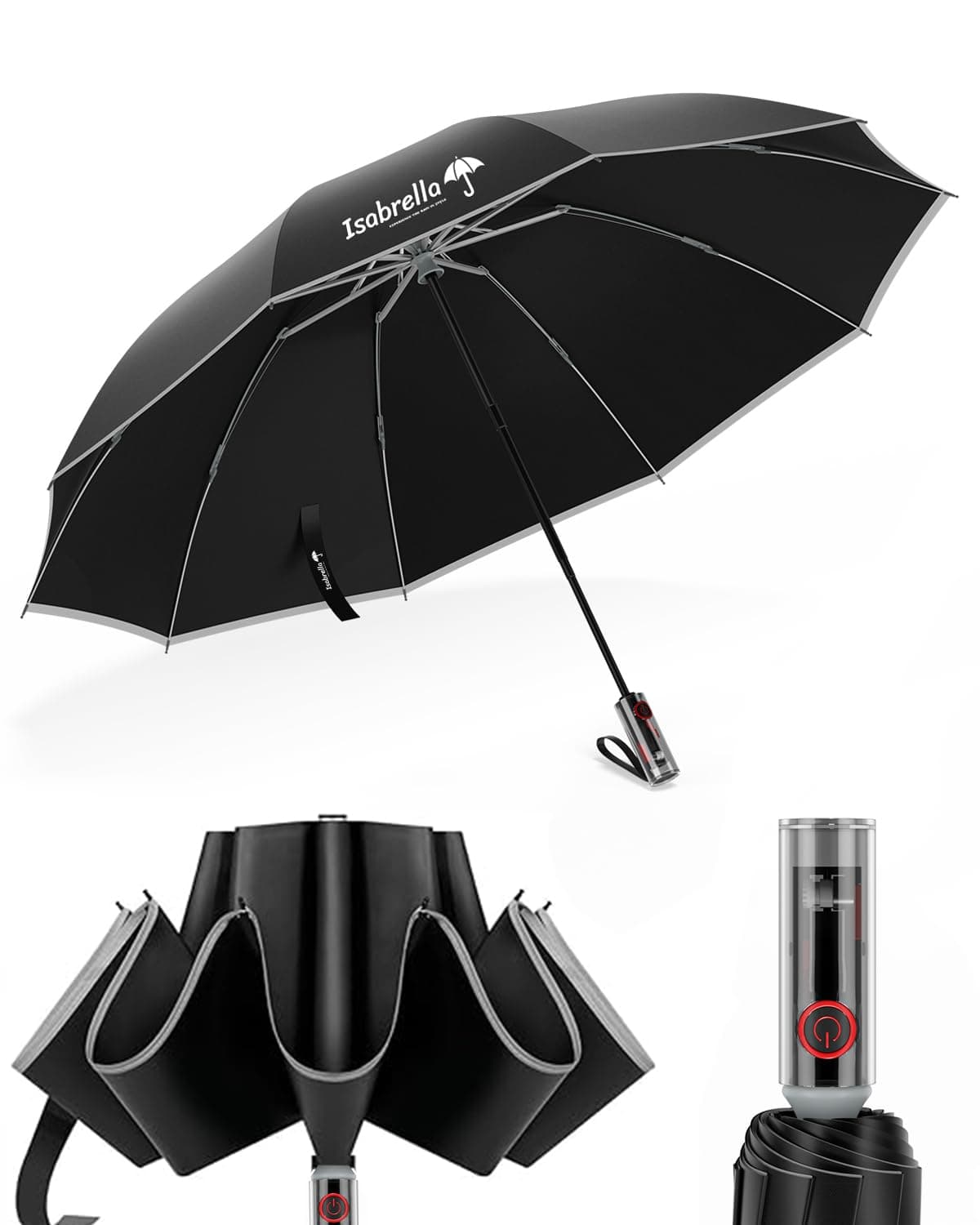 ISABRELLA Umbrella for Men - Reverse Umbrella with Automatic One-Touch Open - Umbrella 3 fold with 360° Reflective Strip - Folding Umbrella Suitable for Rainy Days