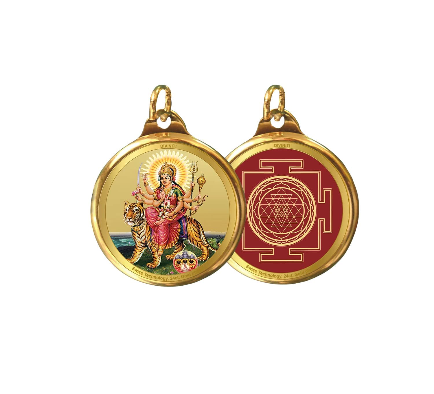 DIVINITI 24K Gold Plated Durga & Yantra Pendant | 22MM Double Sided Gold Locket for Men & Women | Spiritual Religious Temple Jewellery Necklace Gift