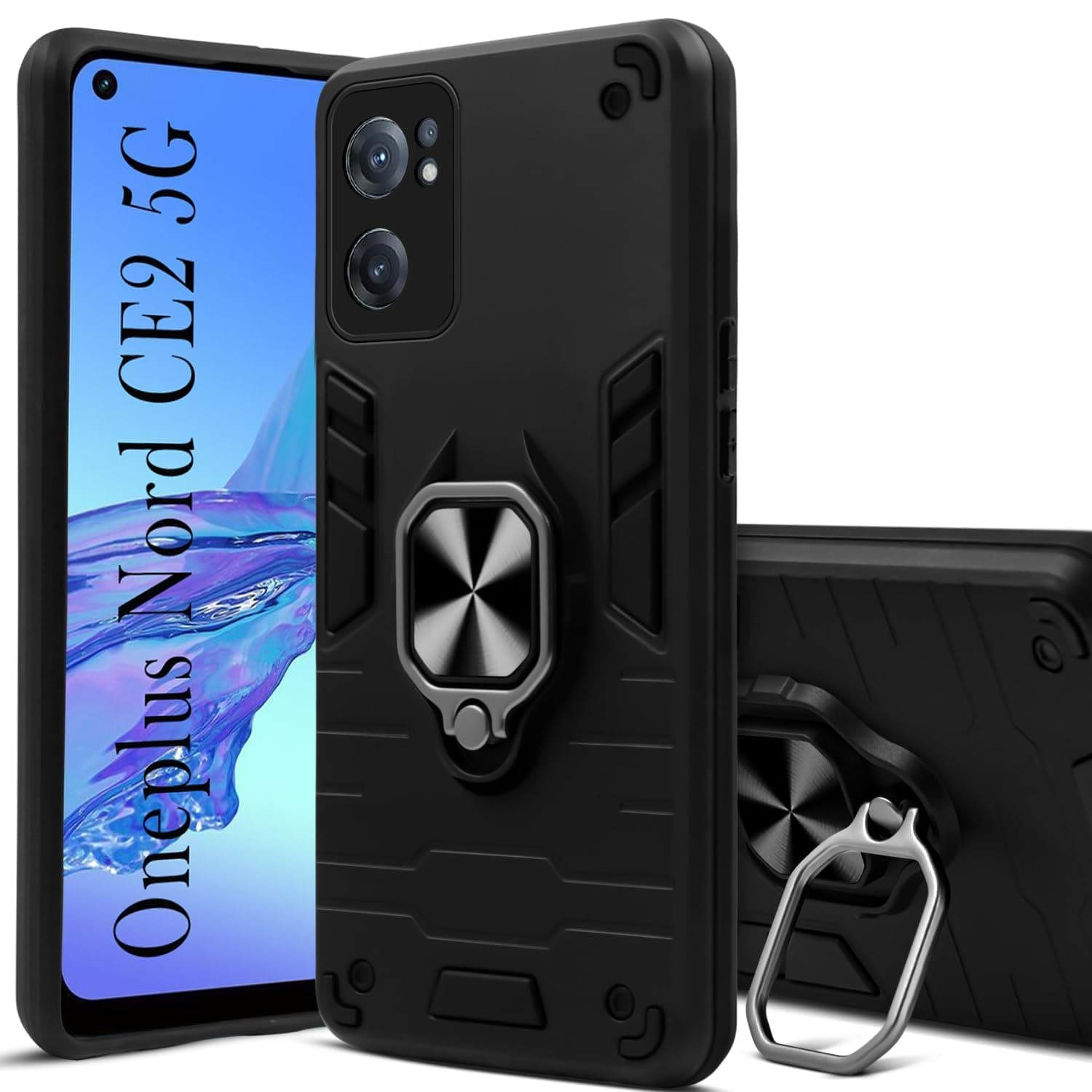 JANAK RAJ Ringstand Armor Bumper Back Case Cover Compatible with Oneplus Nord CE 2/1+Nord CE2 5G | Tough Rugged Shockproof PC+TPU Kickstand 360 Protective Design - Black