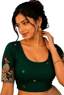 APPERA Women's Designer Stretchable Readymade Saree Blouse with Peacock Embroidered Half Sleeves | Jacquard Textured Ethnic Blouse | Padded-Free Traditional Blouse