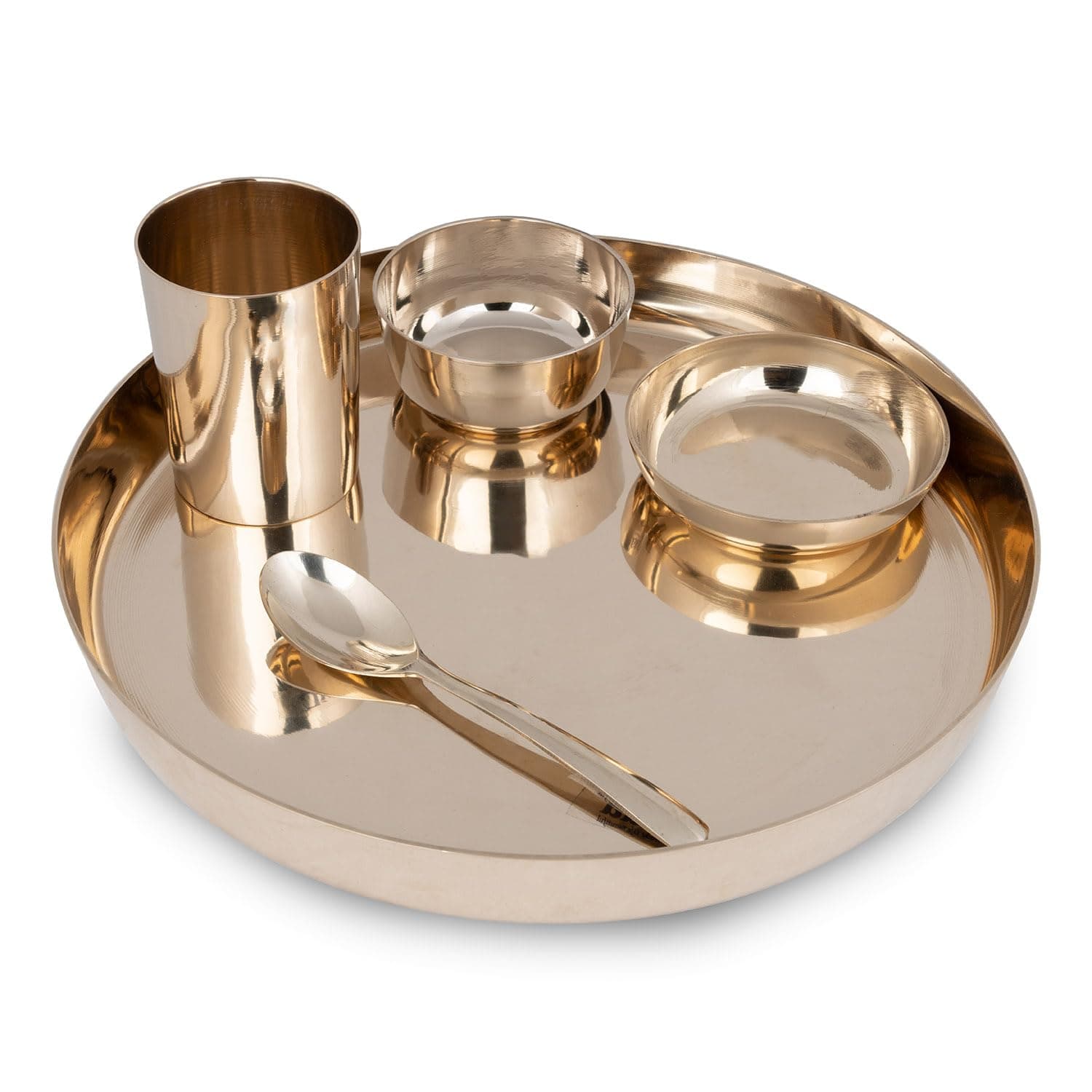 PATRA Bronze Dinner Set of 5-11.5" Thali, 1 Bowl,1 Glass,1 Sweet Dish Plate,1 Spoon Elegant, Durable, Traditional Bronze Dinnerware Set Gold Improve Taste, Digestive System & Health