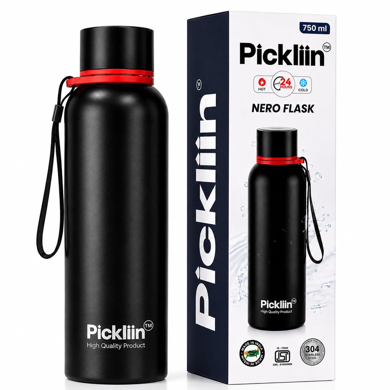 Pickliin Water Bottle Stainless Steel 750ml | Hot and Cold Bottle | Double Wall Vacuum Insulated Flask | Leak Proof, BPA Free & Rust Proof | Water Bottle for Office, School, Gym & Travel