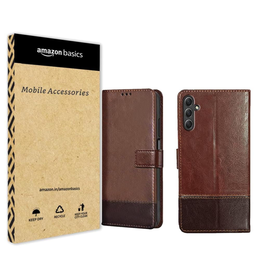 amazon basics Flip Back Cover Case for Samsung Galaxy M55 / M55s / F55 5G | Dual-Color Leather Finish | with Stand & Pockets | Flip Case for Samsung M55 / M55s / F55 5G (Brown & Coffee)