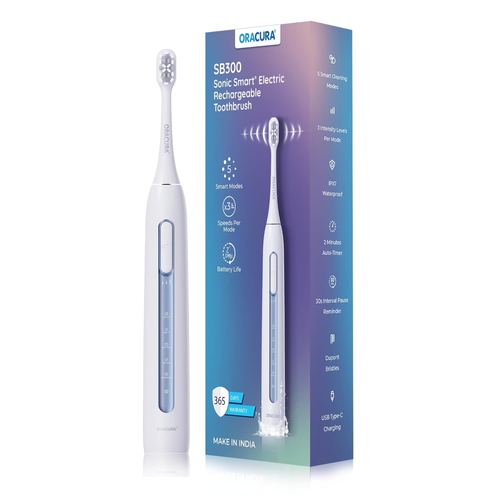 ORACURA® SB300 Electric Rechargeable Toothbrush | Blue | 365 Days Warranty | 36,000 strokes/min | With 5 Modes & 3 Intensity Levels | 2 Minutes Auto-Timer | 90 Days Battery Life