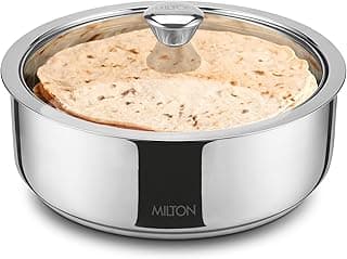 MILTON Castella I Stainless Steel Roti Casserole | Double-Walled Insulated Food Server | Easy-to-Carry Hot Box for Kitchen | Chapati, Paratha Storage | Serving Casserole with Glass Lid | 1100 ml, Silver