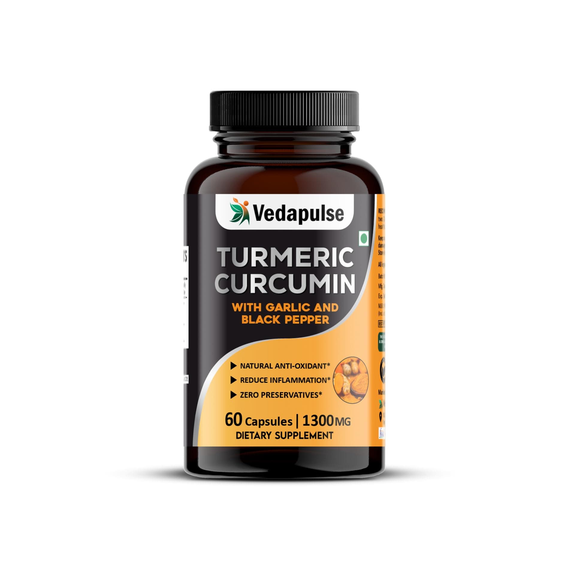 Vedapulse Turmeric Curcumin with Garlic & Black Pepper Capsules | Dietary Supplement | 60 Capsules