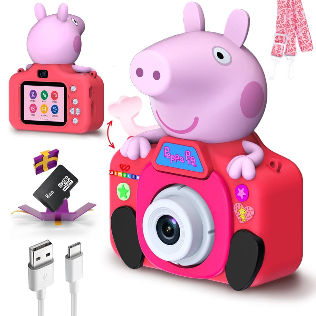 Wembley Kids Digital Camera Compact Peppa Pig Design 8GB SD Card 1200 mAh Battery Selfie Camera Video Recorder Photo Capture with Games for Girls Boys 3+ 4 5 6 7 8 - Pink