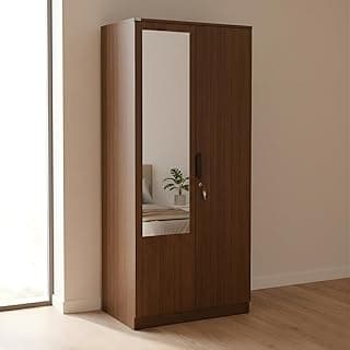 Nilkamal Milford 2 Door Wooden Wardrobe with Mirror for Bedroom | Almirah with 3 Shelves, 1 Hanging Rod & 1 Drawer | Clothes Cupboard | Engineered Wood | Classic Walnut