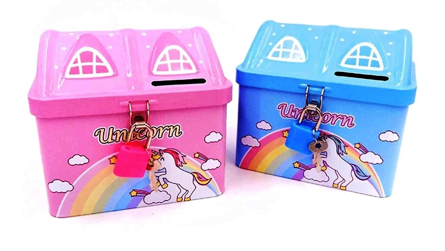 TERA13 Cute Attractive Cartoon Unicorn Piggy Bank with Security Lock & Keys for Kids (Pack of 2 Pcs) Money Saving Box for Girls, Coin Collector Box for Kids, Gulak for Return Gifts, Random Color
