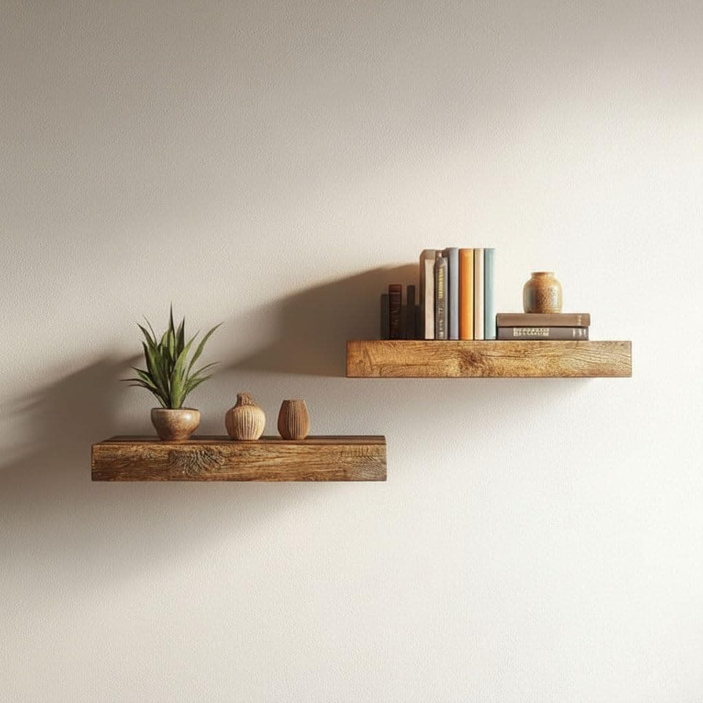 Solid Wood Floating Wall Shelves | Rustic Wooden Display Shelves for Living Room, Bedroom, Kitchen & Bathroom | Heavy Duty Wall Mounted Shelves (9 Inches, 2 Shelves)