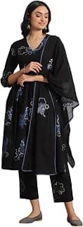 W for Woman Black Floral Printed Pure Cotton Gathered Kurta, Pants and Embroidered Dupatta Set