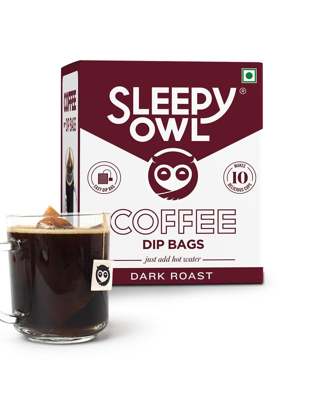 Sleepy Owl Dark Roast Ground Coffee Dip Bags | 10 Bags - Makes 10 Cups | Hot Brew - Have it as Black Coffee or With Milk | 5 Min Brew - No Equipment Needed | Travel Pack | Medium Roast | 100% Arabica