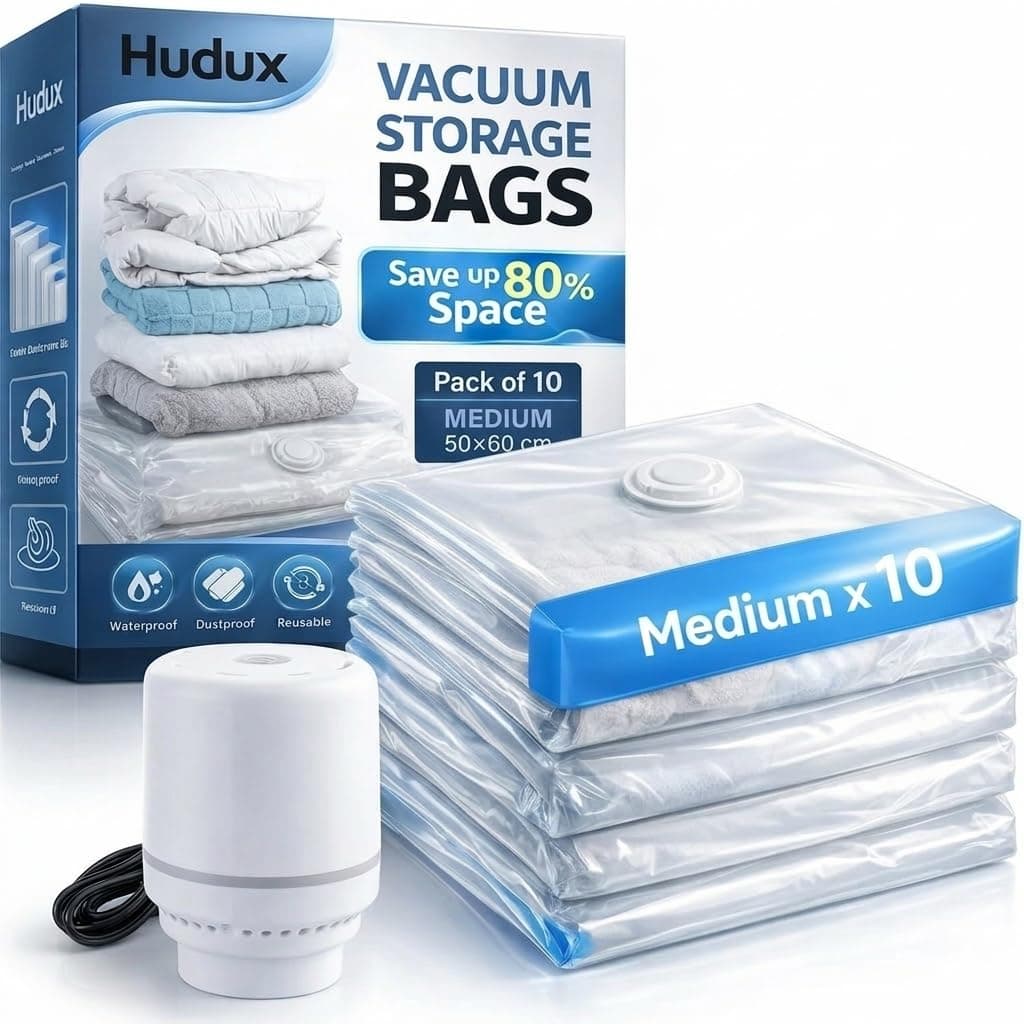 Hudux 10 Pack Medium (50×60 cm) Vacuum Compression Zipper Storage Bags With Electric Pump,Compression Storage Space Bags For Travel,For Clothes,Bedding,Pillows,Airtight Reusable Vacuum Bags