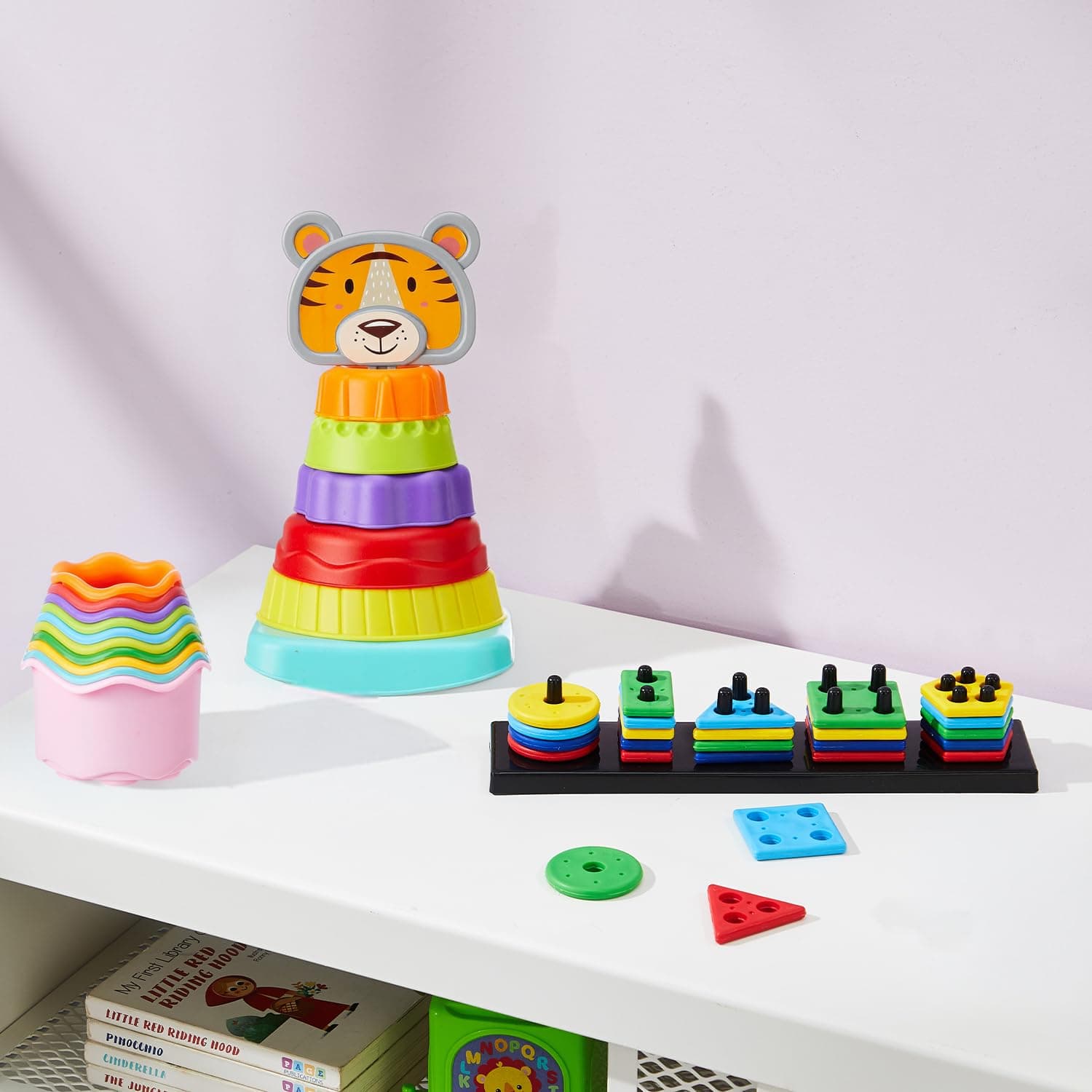 Amazon Brand- Supples 3-in-1 Infant Joy Gift Pack | Geometric Shape Sorter, Stacking Cups & Stacking Rings | Early Educational Montessori Baby Toys | Multicolor