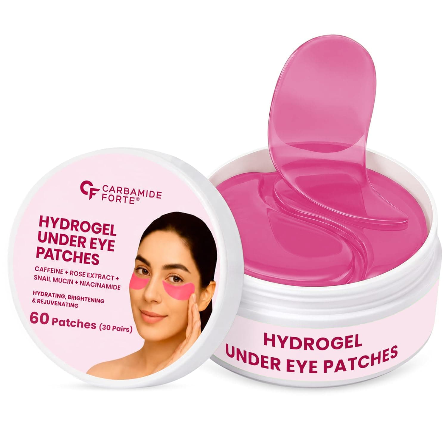 Carbamide Forte Hydrogel Under Eye Patches For Dark Circles | Under Eye Mask with Caffeine, Rose Extract, Niacinamide | Reduces Dark Circles & Puffiness | Hydrating & Brightening Eye Patches | 60 Patches (30 Pairs)