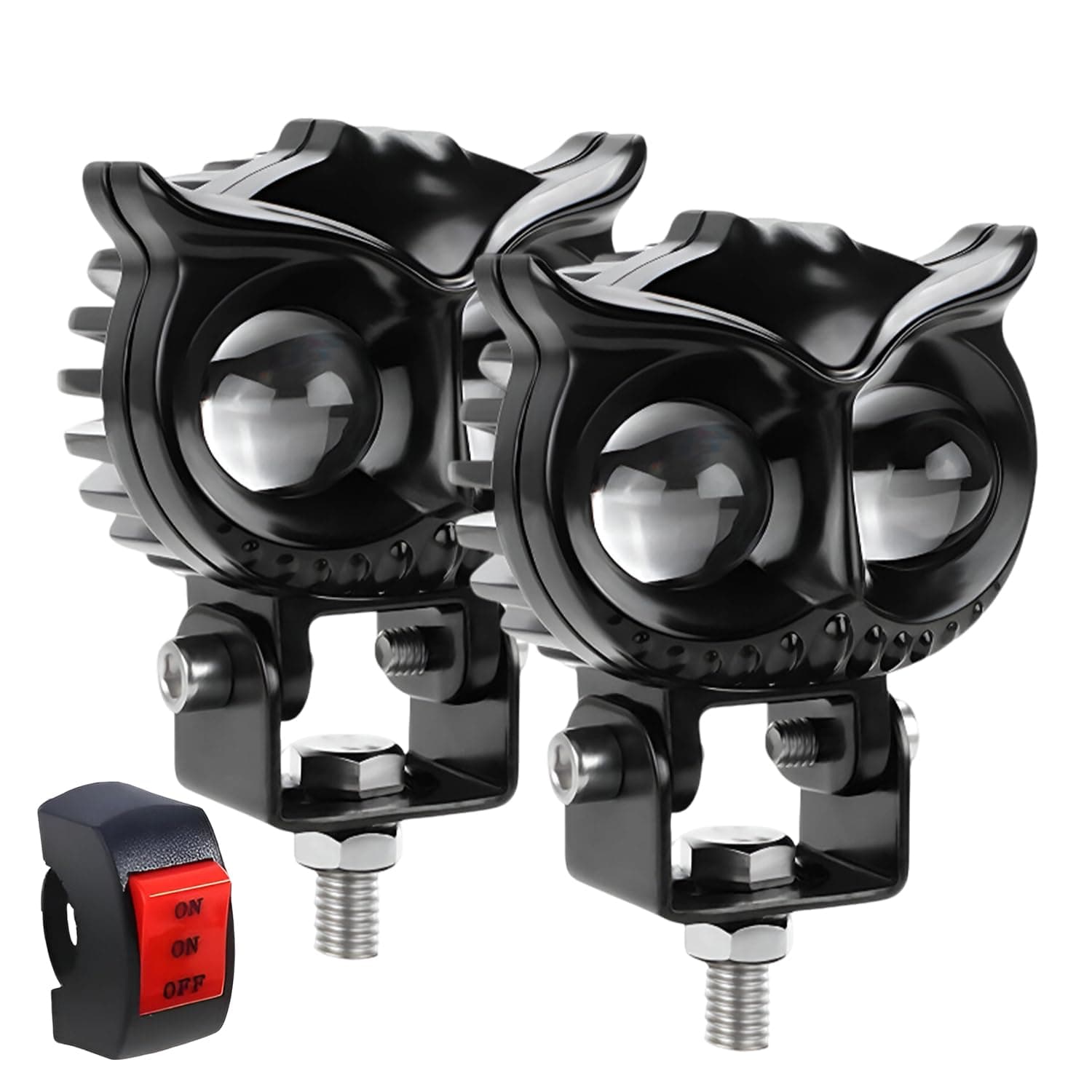 Carzex® Mini Drive Owl LED Flasher Projector Fog Light for Bikes & Scooty - White/Yellow + Combo Beam Modes, Heavy-Duty Metal Body, Waterproof Design, Free On/Off Switch Included (Set of 2 Pcs)