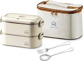 House of Quirk 304 Stainless Steel Bento Lunch Box for Adults – 2 Stackable Leakproof Containers with Insulated Thermal Carry Case, Spoon & Fork Included, Microwave Safe Portable Tiffin Box (Beige)