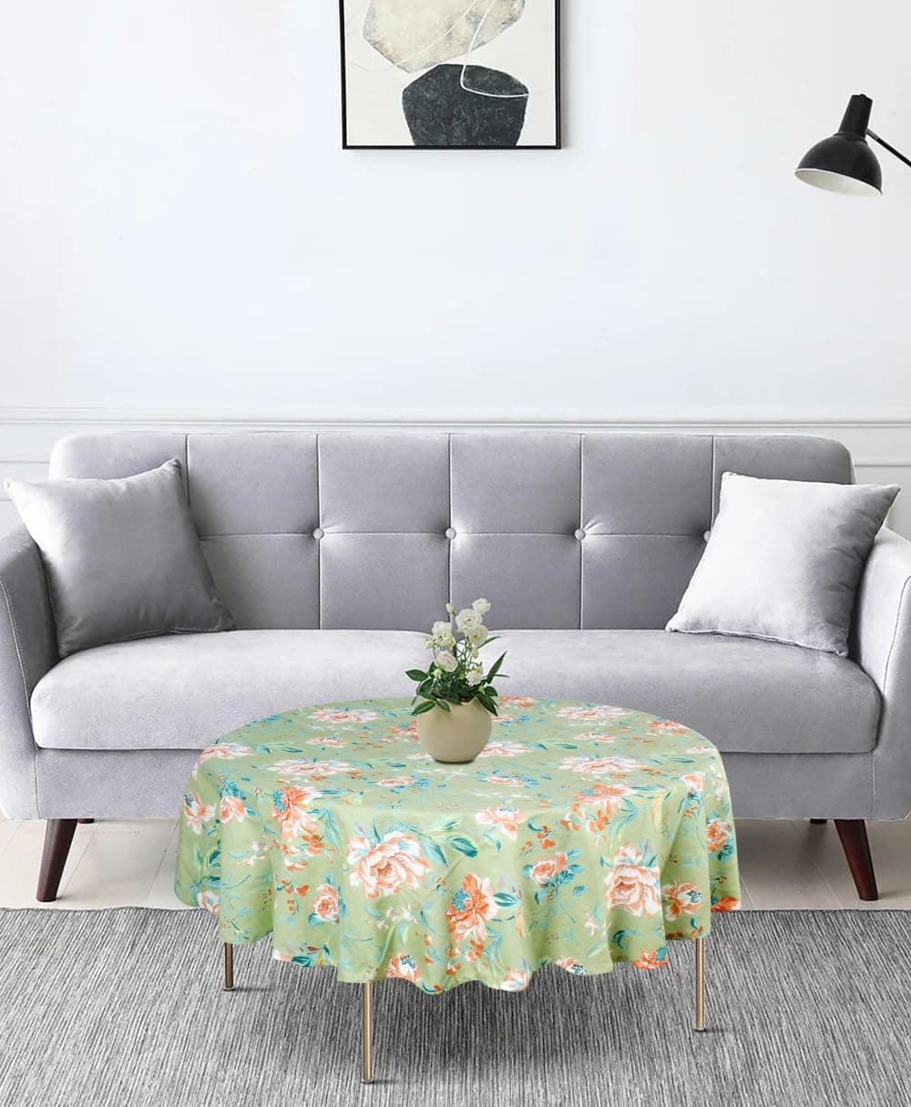 Stylista Cotton Round Center Table Cover (WxL 42x42) in Inches - Floral Multicolor on Greenish Base