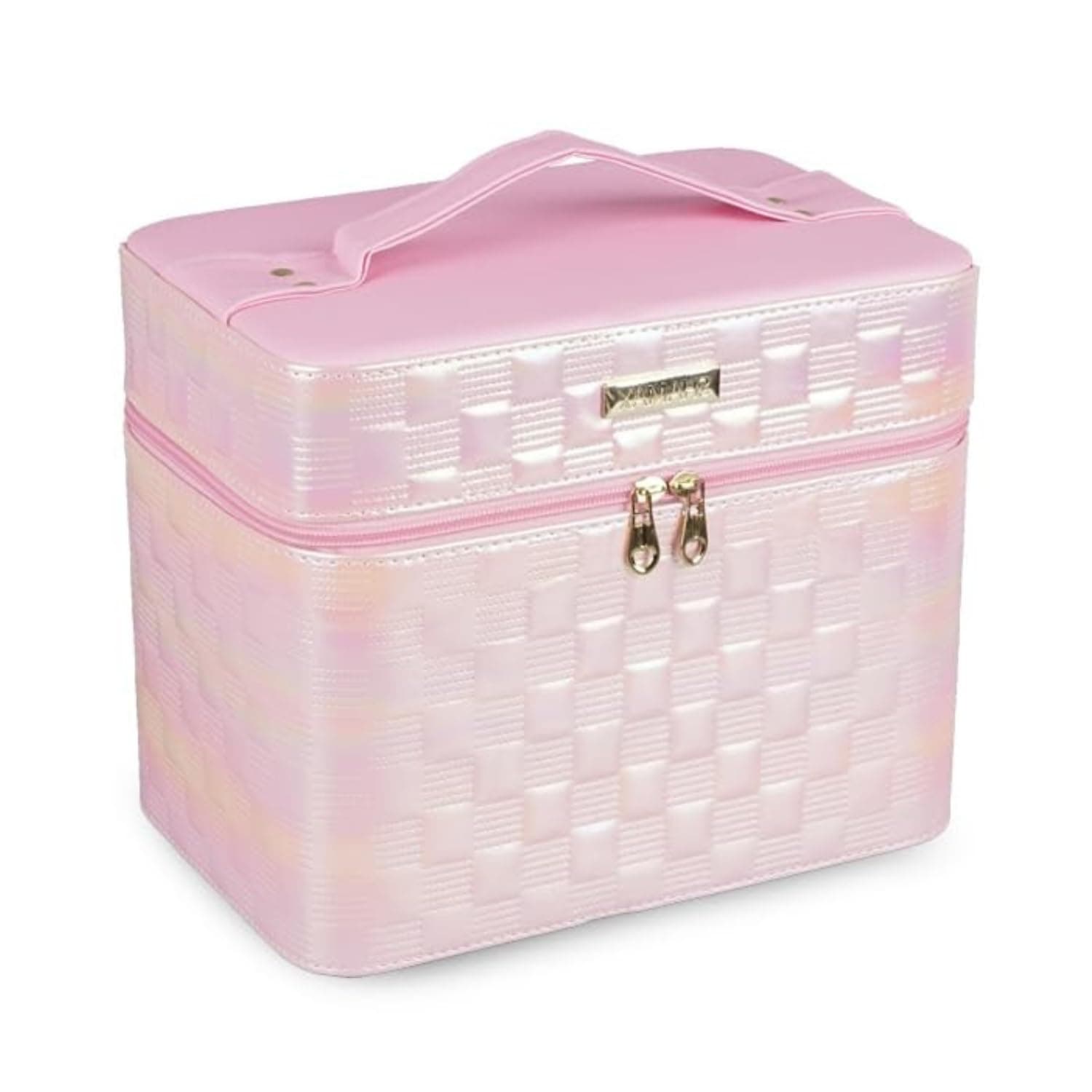SHAMAX Cosmetic Bridal Make Up Box Trousseau Box Vanity Beauty Case Organizer for Wedding Makeup Box 4 Trays Foldable, Vanity Case (Large) Dual Zipper & Hd Mirror Mini Luggage (Baby Pink)