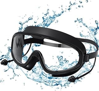 Proberos® Swim Goggles For Adult with Intergrated Ear Plugs, Big Frame Competition Professional Swim Goggles Swimming, Anti-fog Diving Goggles Swimming Goggles for Surfing, Kayaking, Black