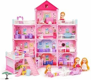 JETRA Big Princess Doll House Playset for Girls, 4 Story Dream House Toy with Furniture Dolls and Accessories, DIY Pretend Play Toy Gifts for Kids Age 3 4 5 6 7 8 9 10 11+