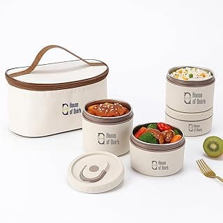 House of Quirk 304 Stainless Steel Bento Lunch Box for Adults, 4 Stackable Containers with Insulated Thermal Case, Microwave Safe & Portable (Beige)