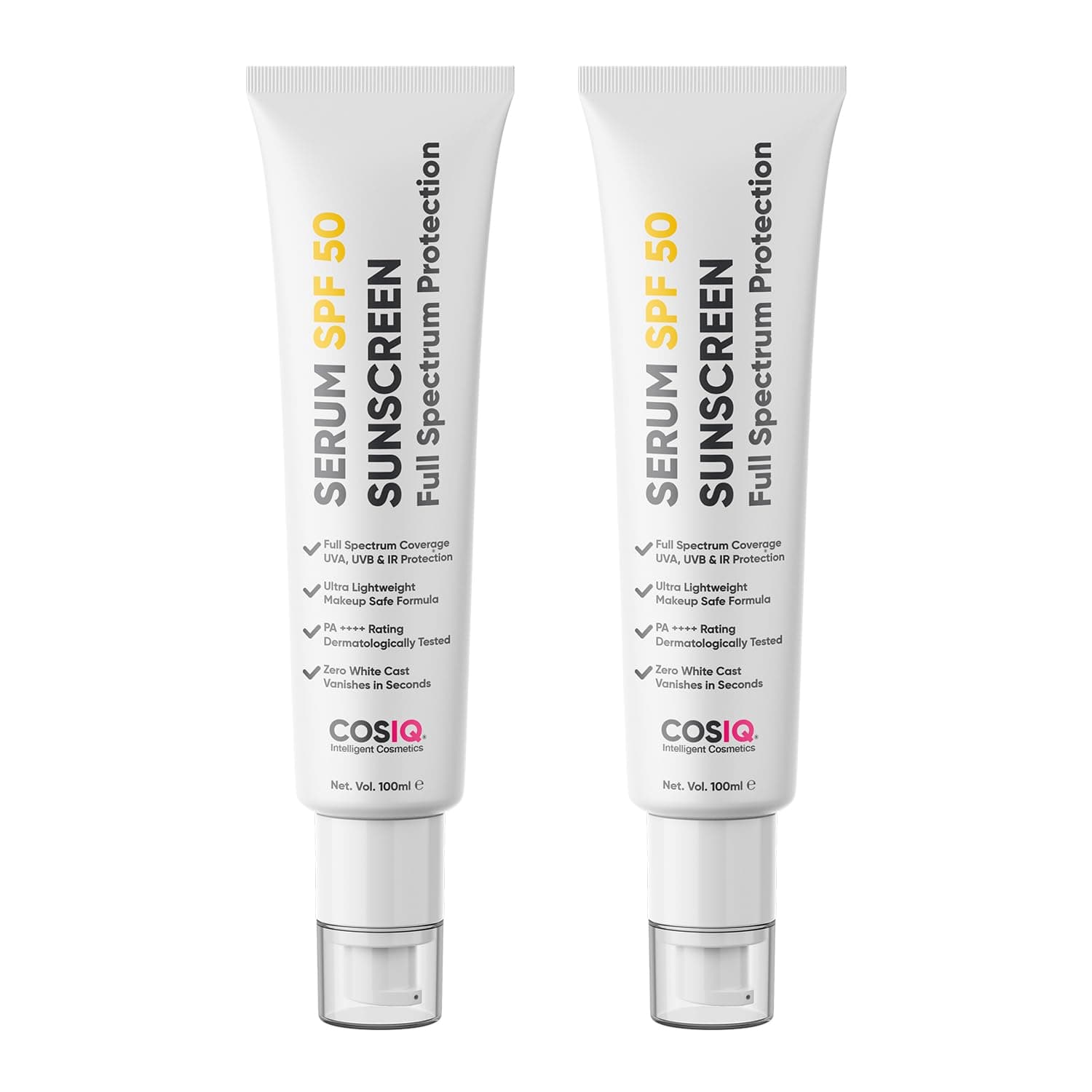 Cos-IQ Hybrid Serum-Based Sunscreen SPF 50, 100ml Pack of 2 | Family Size, No White Cast, Serum-Light Texture, Broad Spectrum UVA UVB & Blue Light Protection For Daily Use