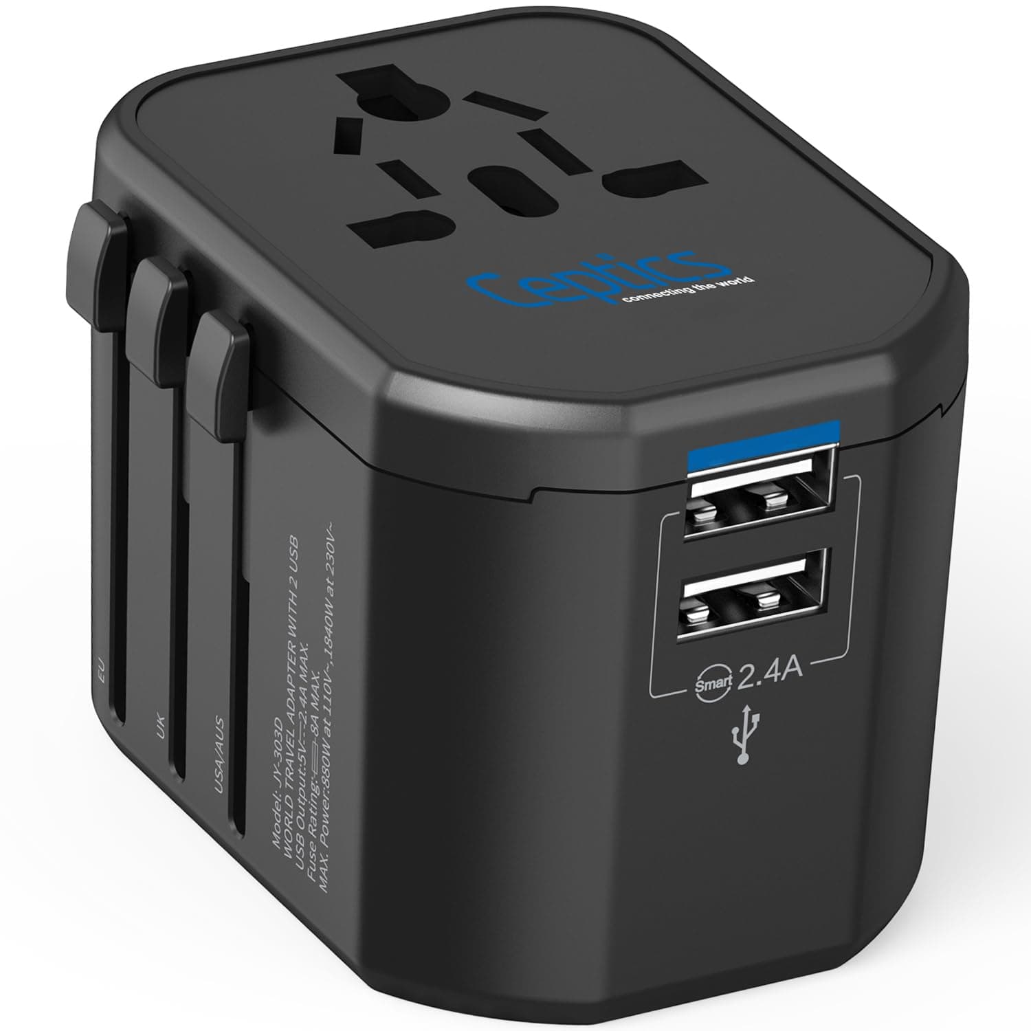 Ceptics Universal Travel Adapter - 3 in 1 Worldwide Travel Adapter, Universal Plug Socket and 2 x USB, with 2.4A, International Travel Adapter