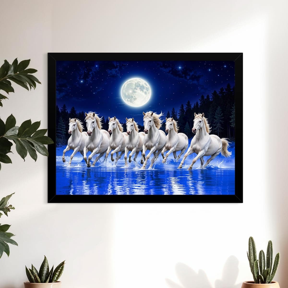 ArtX Canvas Big Size 7 Horses Vastu Frame Wall Art Painting, White Running Horses at Night Moon with Blue Background On Water Painting Vastu Wall Decor, Multicolor, Nature, 61.0 X 48.0 cm, Set of 1