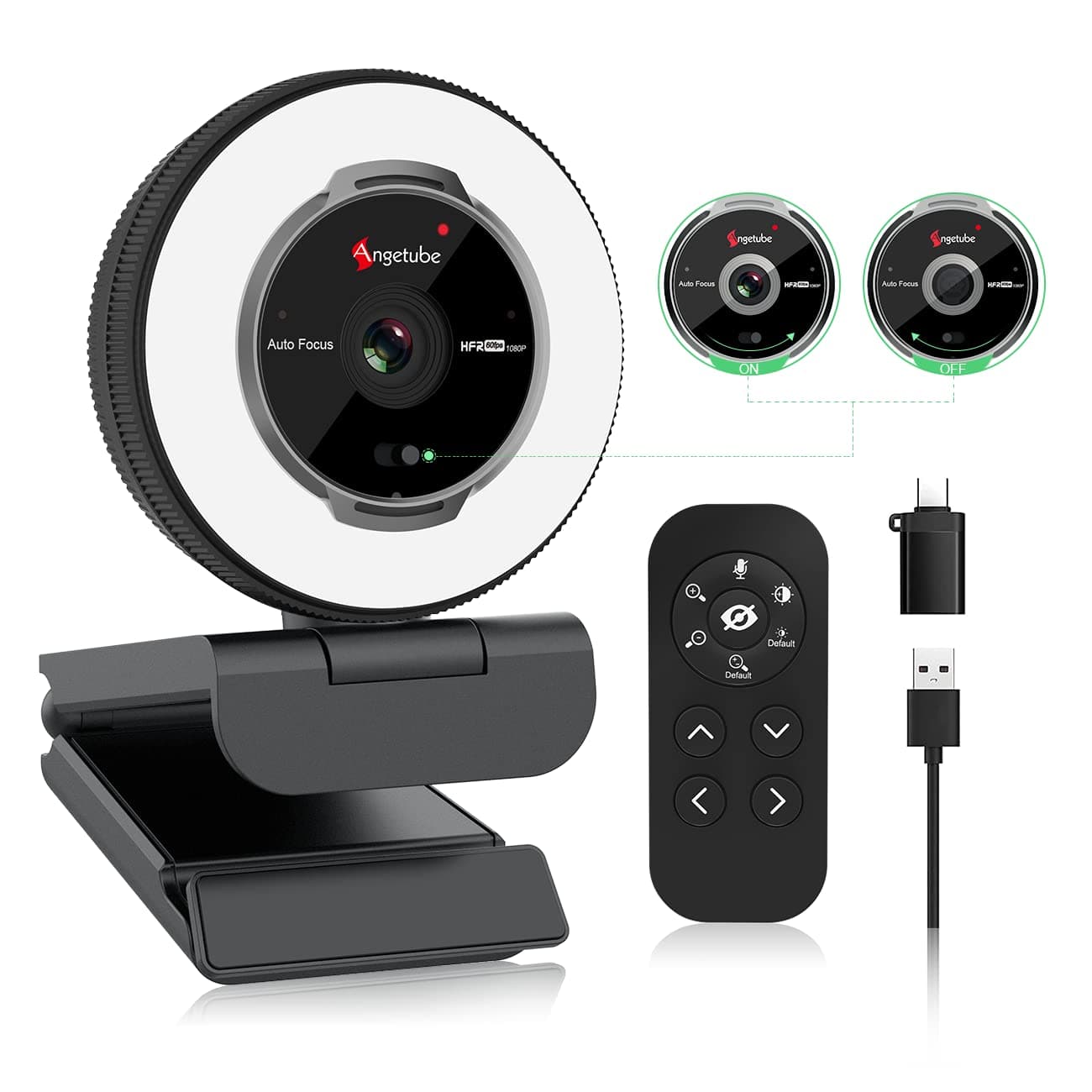 Angetube Streaming Webcam with Microphone 1080P 60FPS Web Cam with Remote | USB Webcam with Ring Light HD Web Camera with 5X Digital Zoom Built in Privacy Cover,for PC|Computer|Laptop|Mac|Desktop