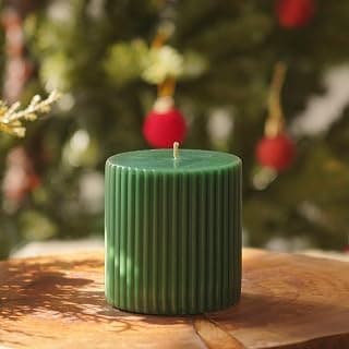 PURE HOME + LIVING Green Ribbed Pillar Candle adds a Calming, Elegant Glow to Living Rooms, bedrooms, Dining Tables, or Office Spaces, Perfect for décor or Gifting.(Pack of 1)