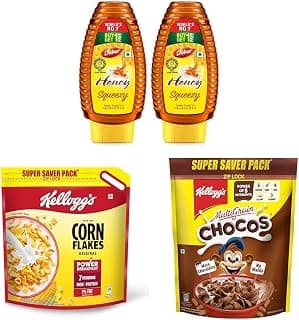 Dabur Honey Squeezy Pack 1400g (700g), Kellogg's Corn Flakes Original 1.2kg/1.15kg and Kellogg's Multigrain Chocos, 1100G/1.05kg