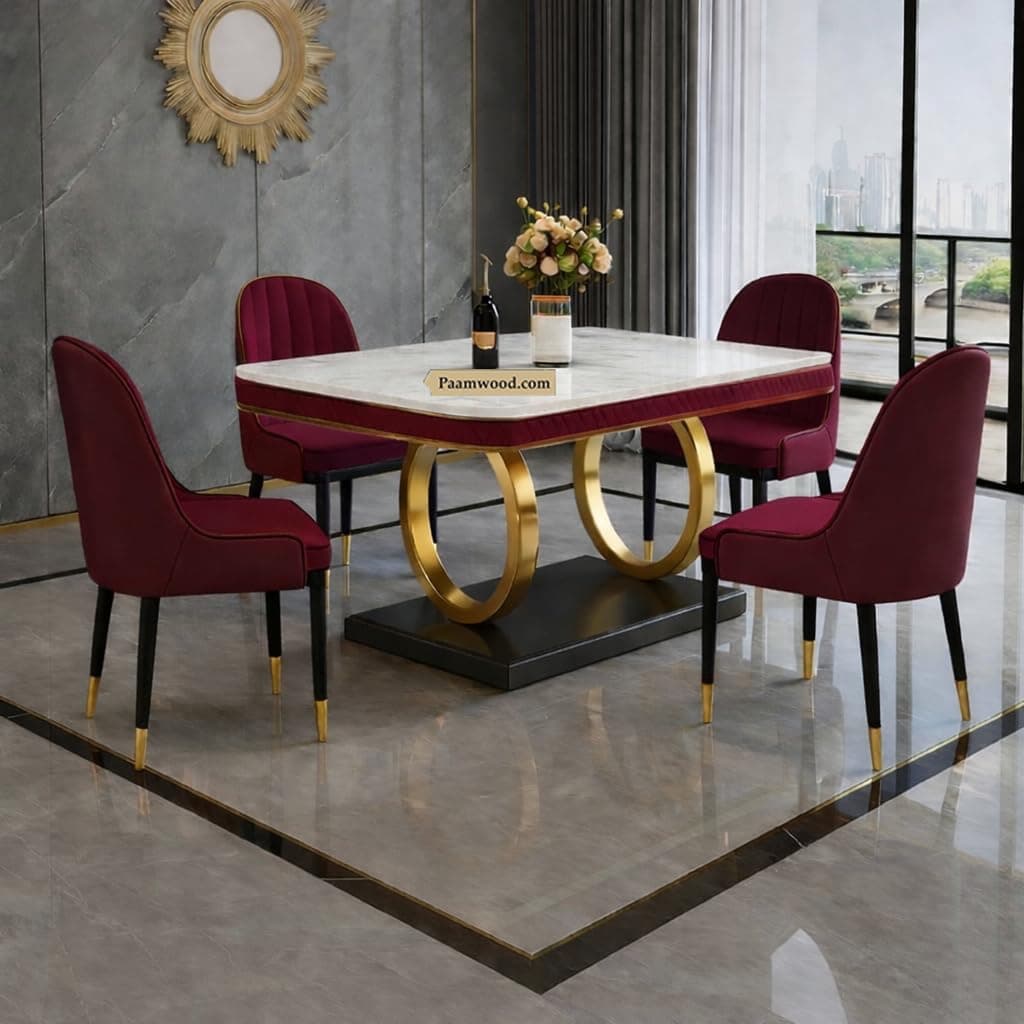 PAAM WOOD Ring Dining Table Set 4 Seater Marble Finish Dining Table Set with Gold Metal Base & Cushioned Chairs – 2yr Warranty - Modern Dining Table for Home & Kitchen (54 x 36 x 30 Inch) (Maroon)