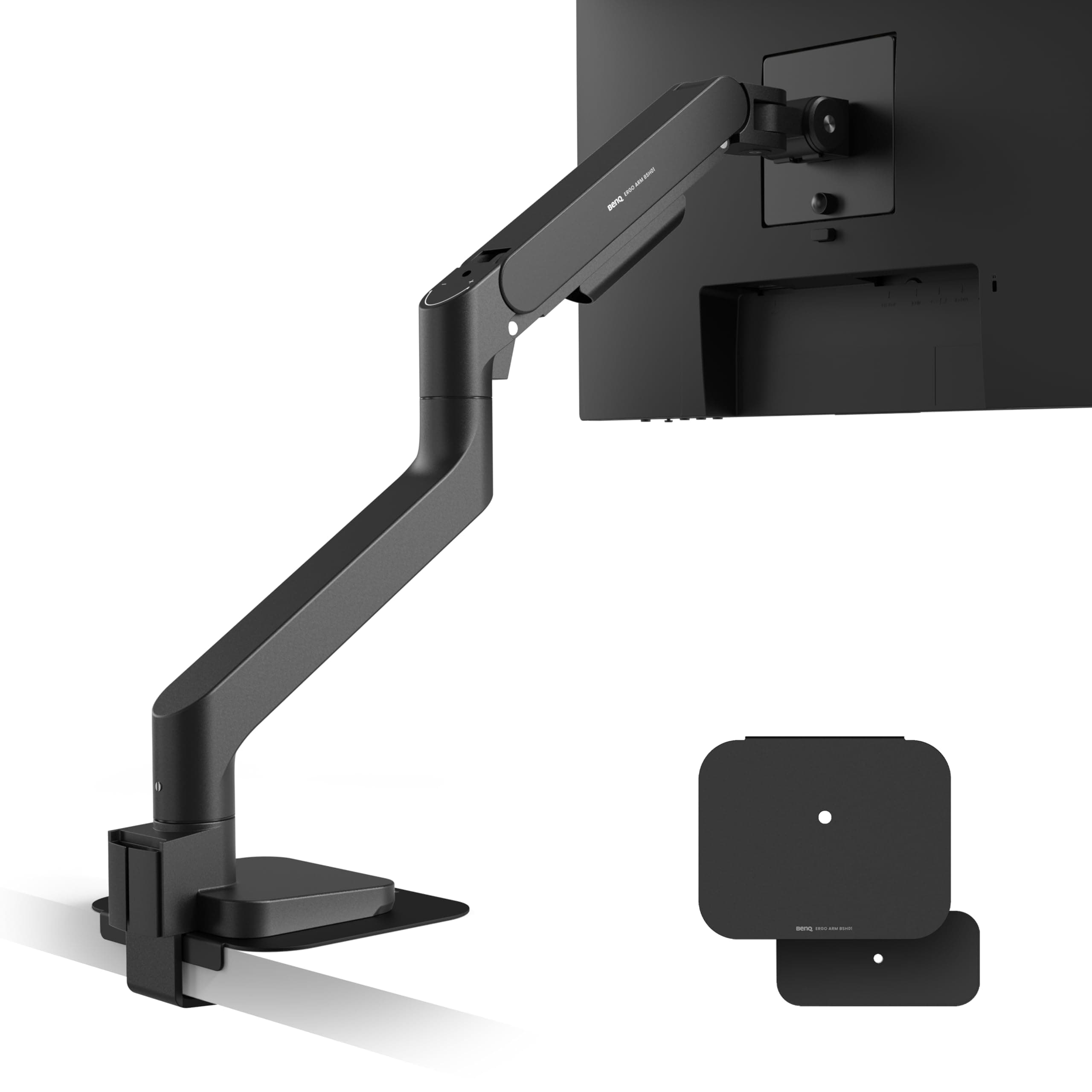 BenQ BSH01 Ergo Monitor Arm -Heavy Duty Gas Spring|Supports Upto 45" & 20Kg Monitor Screens|Desk Mount with Top C Clamp/Grommet Base|Height Adjustable|Reinforcement Plate|VESA 75x75&100x100mm(Black)