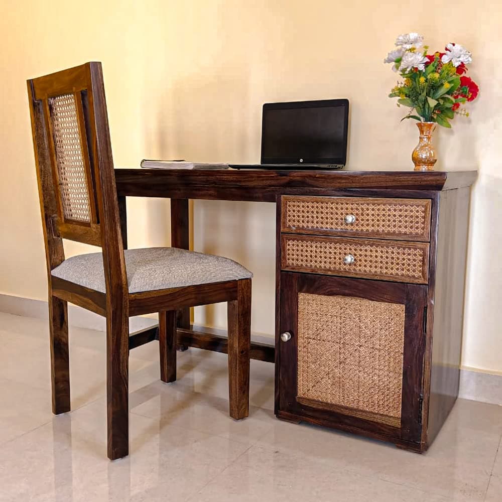 WOODSTAGE Solid Sheesham Wood Cane Study Table with Chair with 2 Drawers and 1 Cabinate - (Walnut Finish)