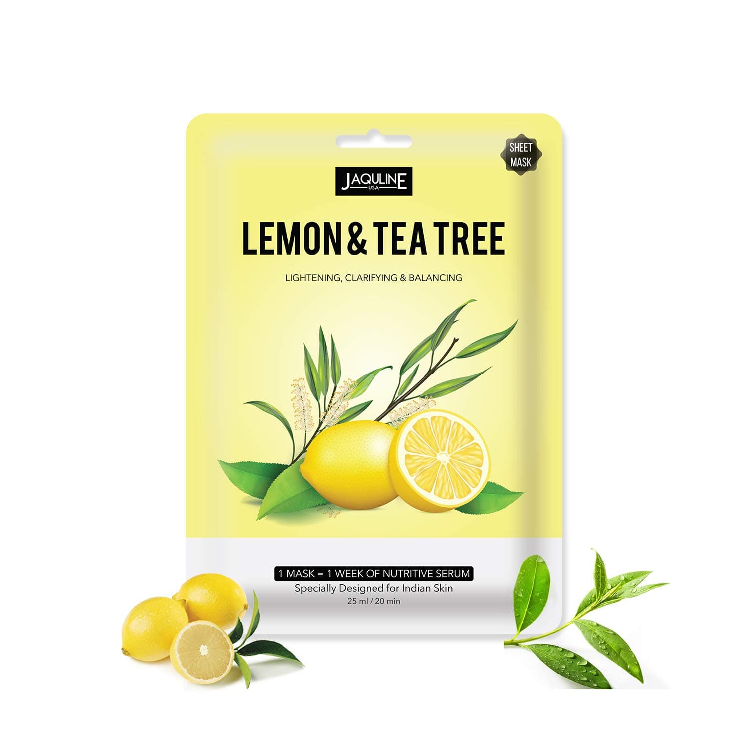 JAQULINE USA Lemon & Tea Tree Sheet Mask | Zero Paraben & Sulphate | Biodegradable | Lightweight | Hydrating & Skin Firming