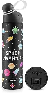 Go24 pexpo Water Bottle for School Kids, ISI Certified Stainless Steel Sipper Bottle for Kids 470ml | Hot & Cold Thermos Insulated Water Bottle|6+ Years Kids|Pico 500 - Black - Space