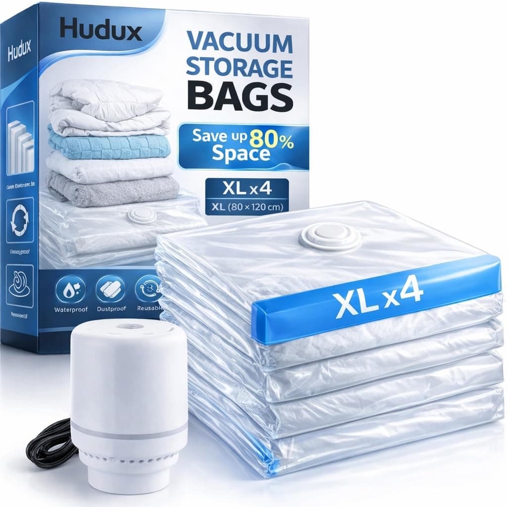 Hudux Pack Of 4 XL 80 X 120 CM Vacuum Storage Compression Ziplock Bags With Electric Pump for Clothes, Blankets, Pillows, Bedding, Comforters - Airtight Reusable Packing Bags,Vacuum Bags